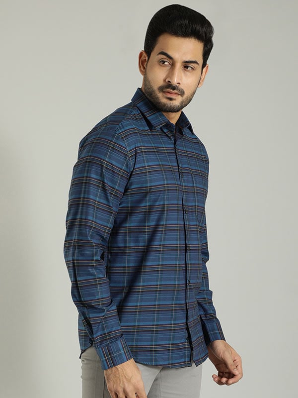 Indian Terrain Men's Slim Fit Full Sleeve Checkered Navy Shirt